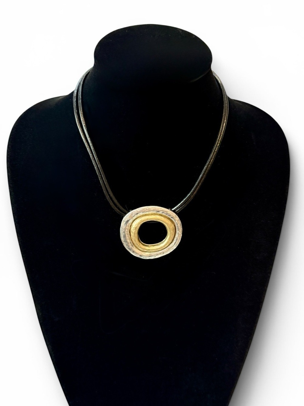 CHICO’S NWT Leather Cord Gold and Silver Circle Pendant Necklace - Picture 3 of 6